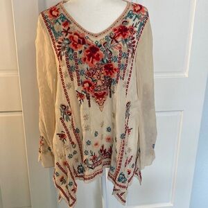 Johnny Was Cream Tunic with Red and Blue Embroidery